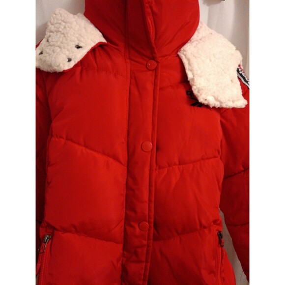 Reebok womens puffer jacket red 90s hooded Large - Picture 2 of 5
